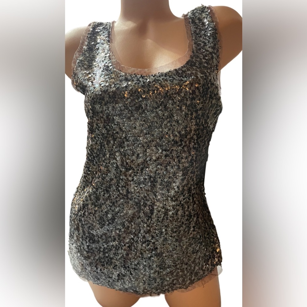 INC SEQUIN Sleeveless Top - Silver & Black Sz M